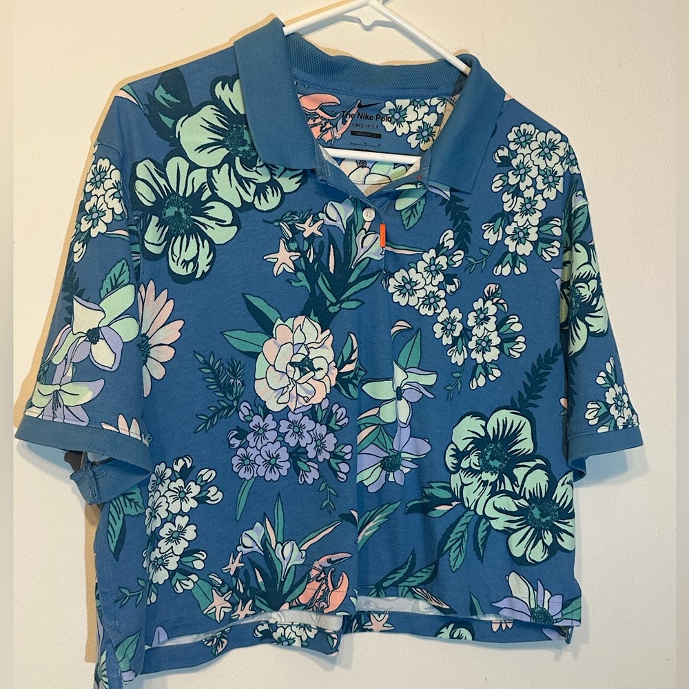 Nike Polo Loose Fit‎ Dri-FIT Floral Golf Top Blue Cropped Women Large CU9375-407